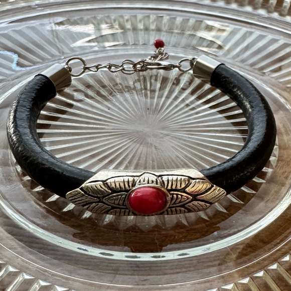 Jewelry - Handmade Black Leather Bracelet with Silver & Red Accent